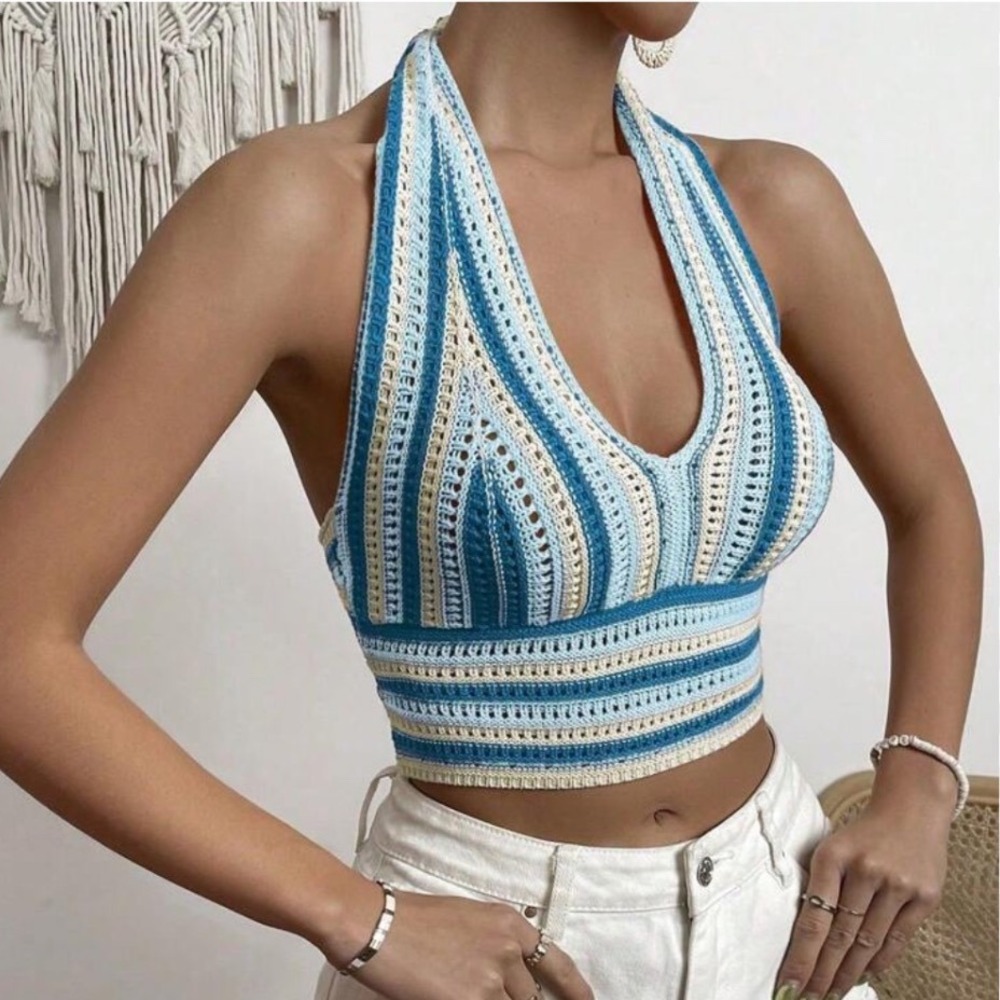 Striped Crochet Halter Top Cropped Knit Womens XL US 12 SHEIN